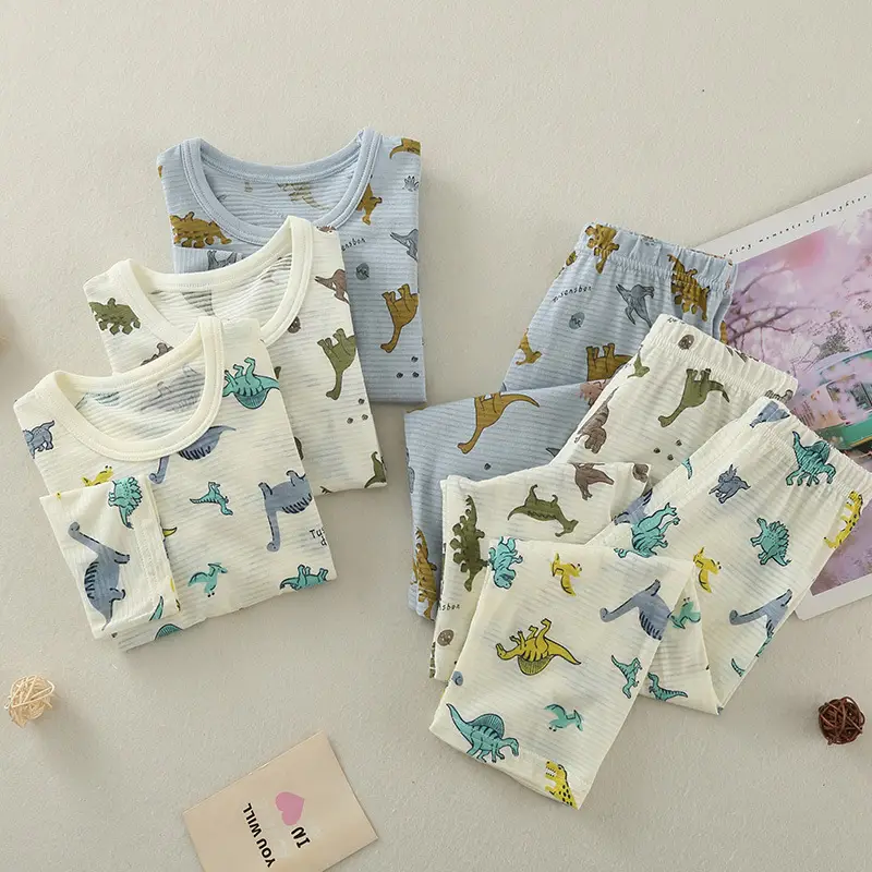 Children's Dinosaur Printed Cotton Pajama Set White