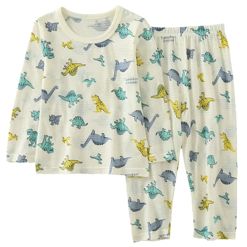 Children's Dinosaur Printed Cotton Pajama Set White