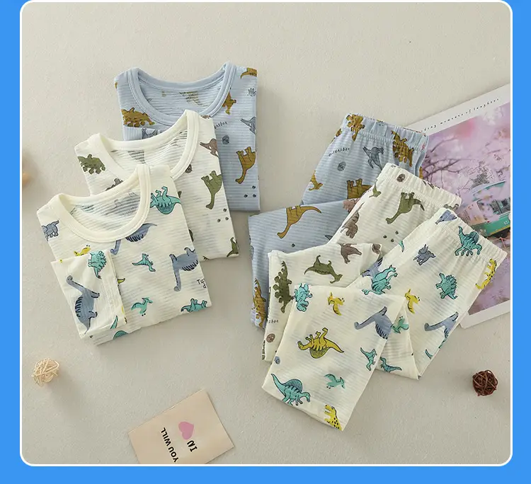 Children's Dinosaur Printed Cotton Pajama Set White — feature 12