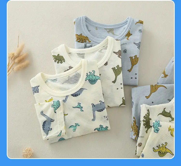 Children's Dinosaur Printed Cotton Pajama Set White — feature 13