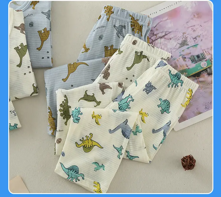 Children's Dinosaur Printed Cotton Pajama Set White — feature 14