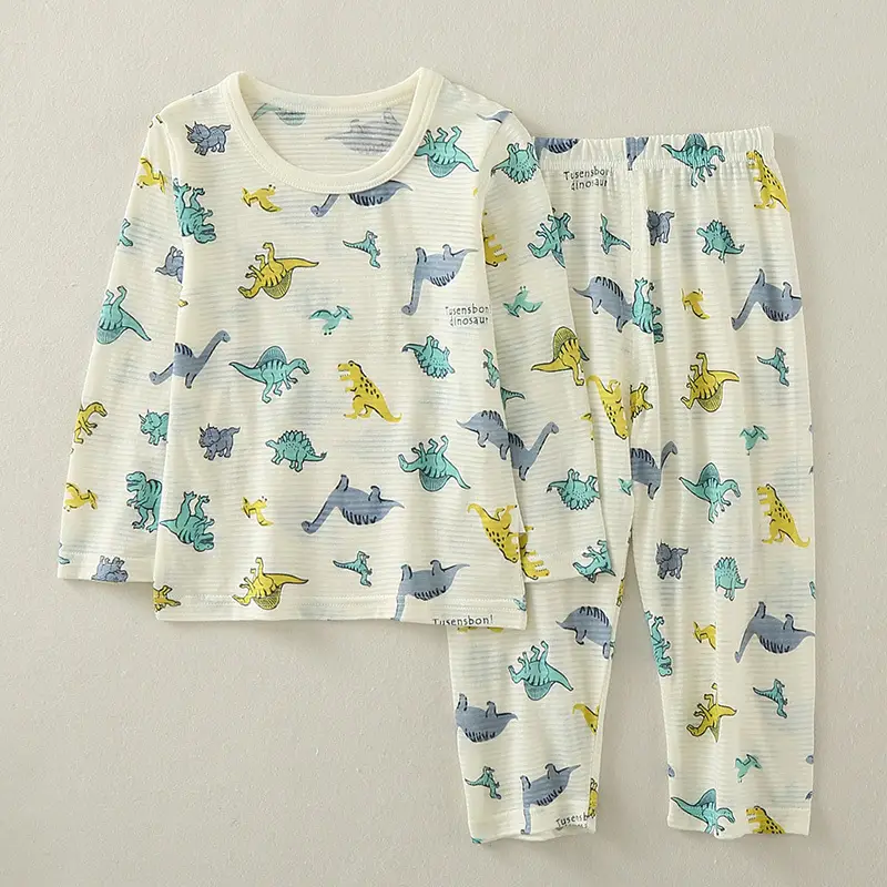 Children's Dinosaur Printed Cotton Pajama Set White