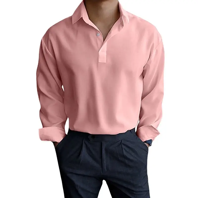 Men's Pink Lapel Popper Shirt Long Sleeve - Image 42