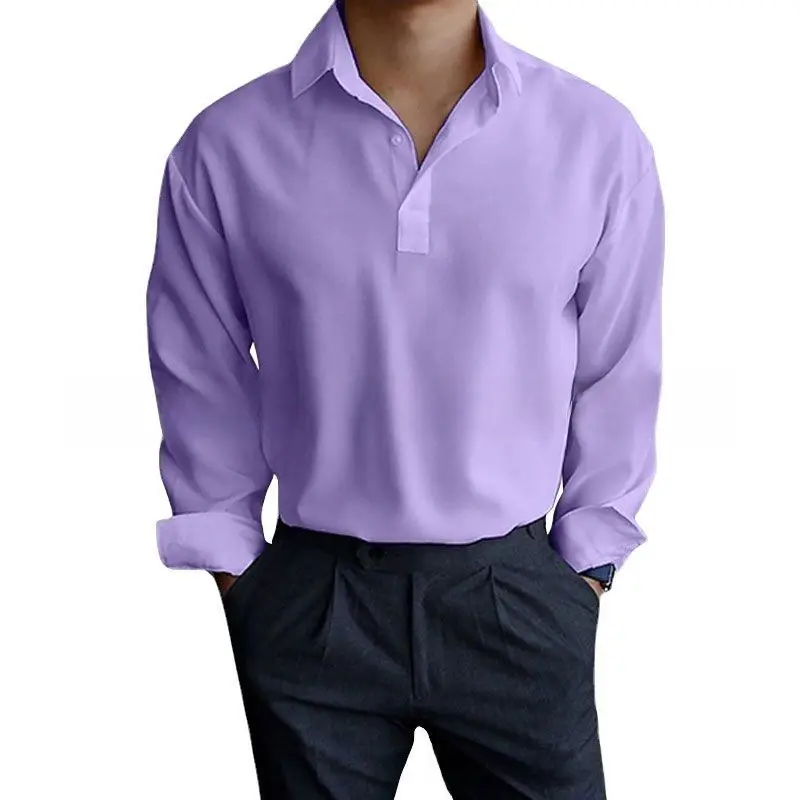 Men's Pink Lapel Popper Shirt Long Sleeve - Image 35