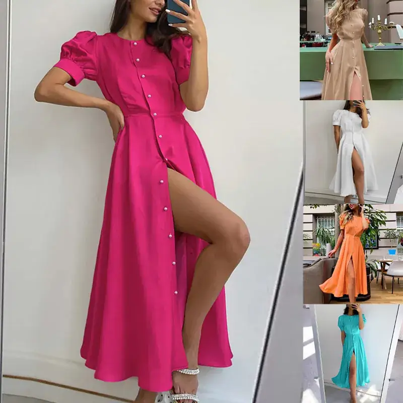 2024 Summer Turquoise Button Midi Dress with High Waist