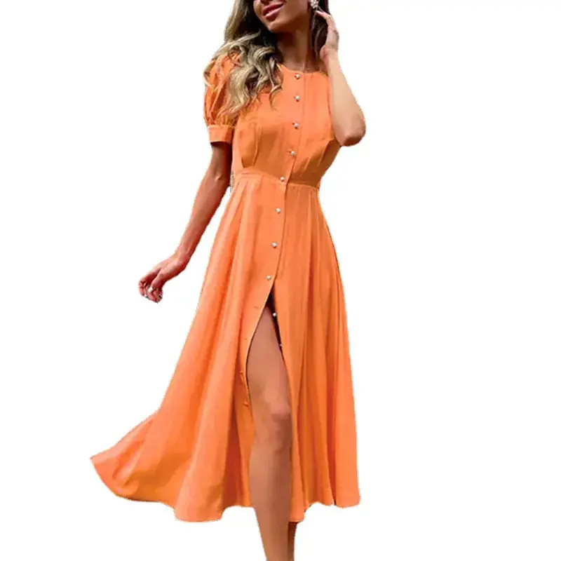 2024 Summer Turquoise Button Midi Dress with High Waist