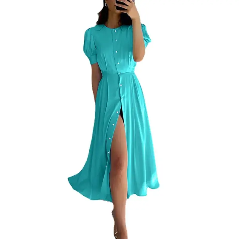 2024 Summer Turquoise Button Midi Dress with High Waist