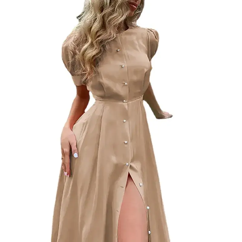 2024 Summer Turquoise Button Midi Dress with High Waist