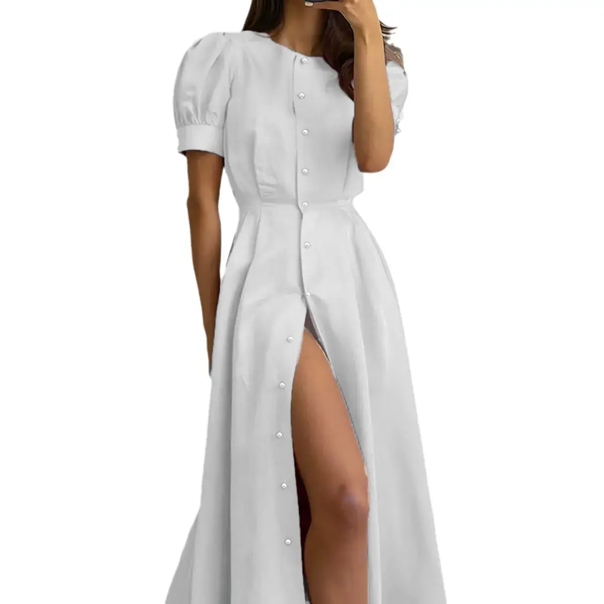 2024 Summer Turquoise Button Midi Dress with High Waist