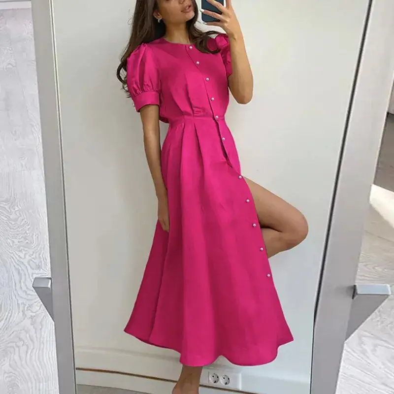2024 Summer Turquoise Button Midi Dress with High Waist — feature 11