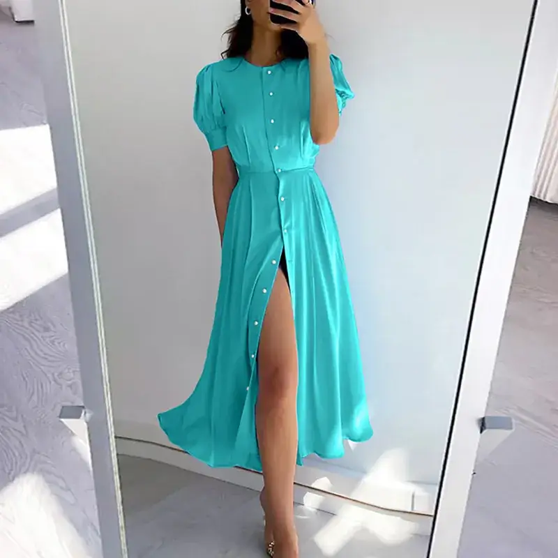 2024 Summer Turquoise Button Midi Dress with High Waist — feature 13