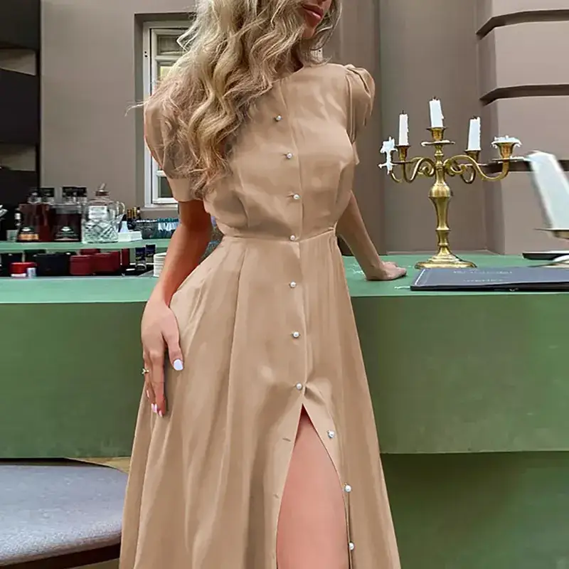2024 Summer Turquoise Button Midi Dress with High Waist — feature 14