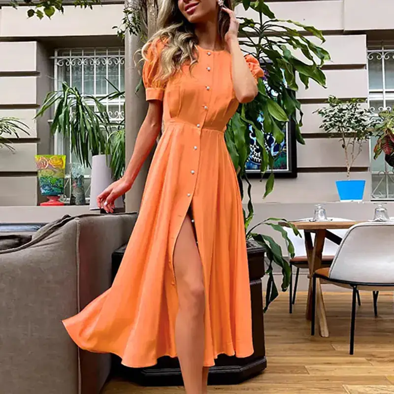 2024 Summer Turquoise Button Midi Dress with High Waist — feature 15