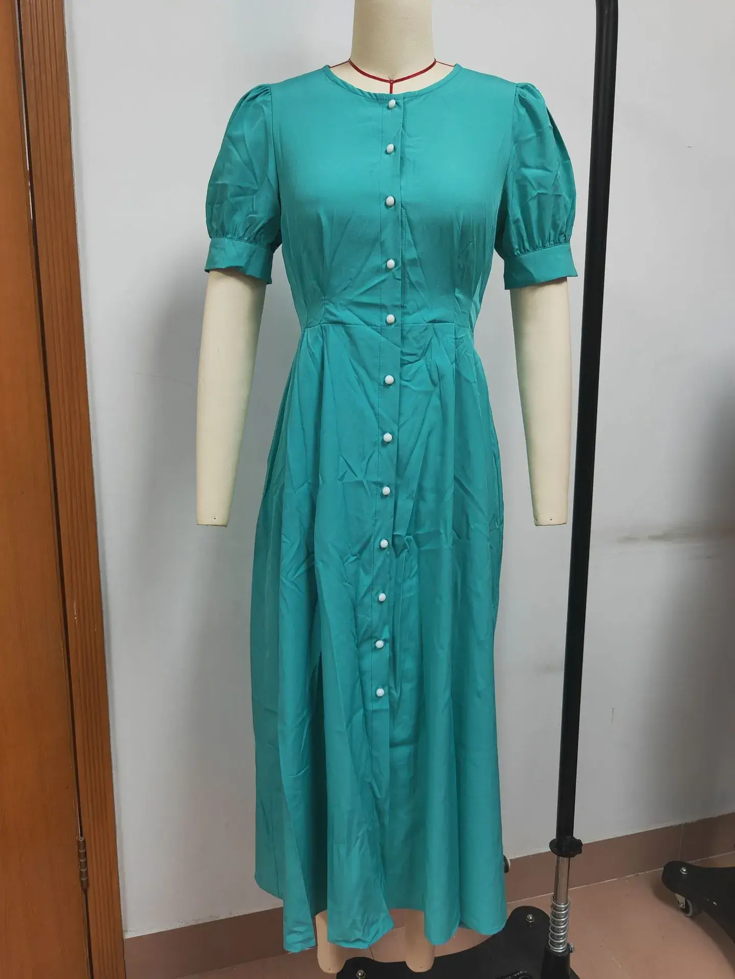 2024 Summer Turquoise Button Midi Dress with High Waist — feature 18