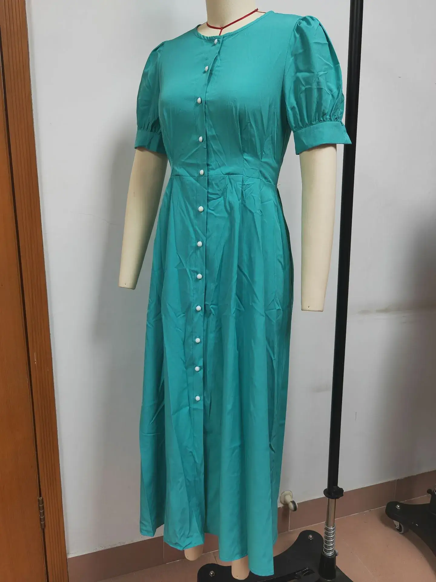 2024 Summer Turquoise Button Midi Dress with High Waist — feature 19