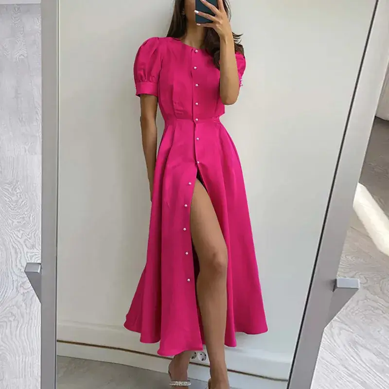 2024 Summer Turquoise Button Midi Dress with High Waist — feature 6