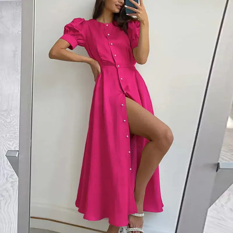 2024 Summer Turquoise Button Midi Dress with High Waist