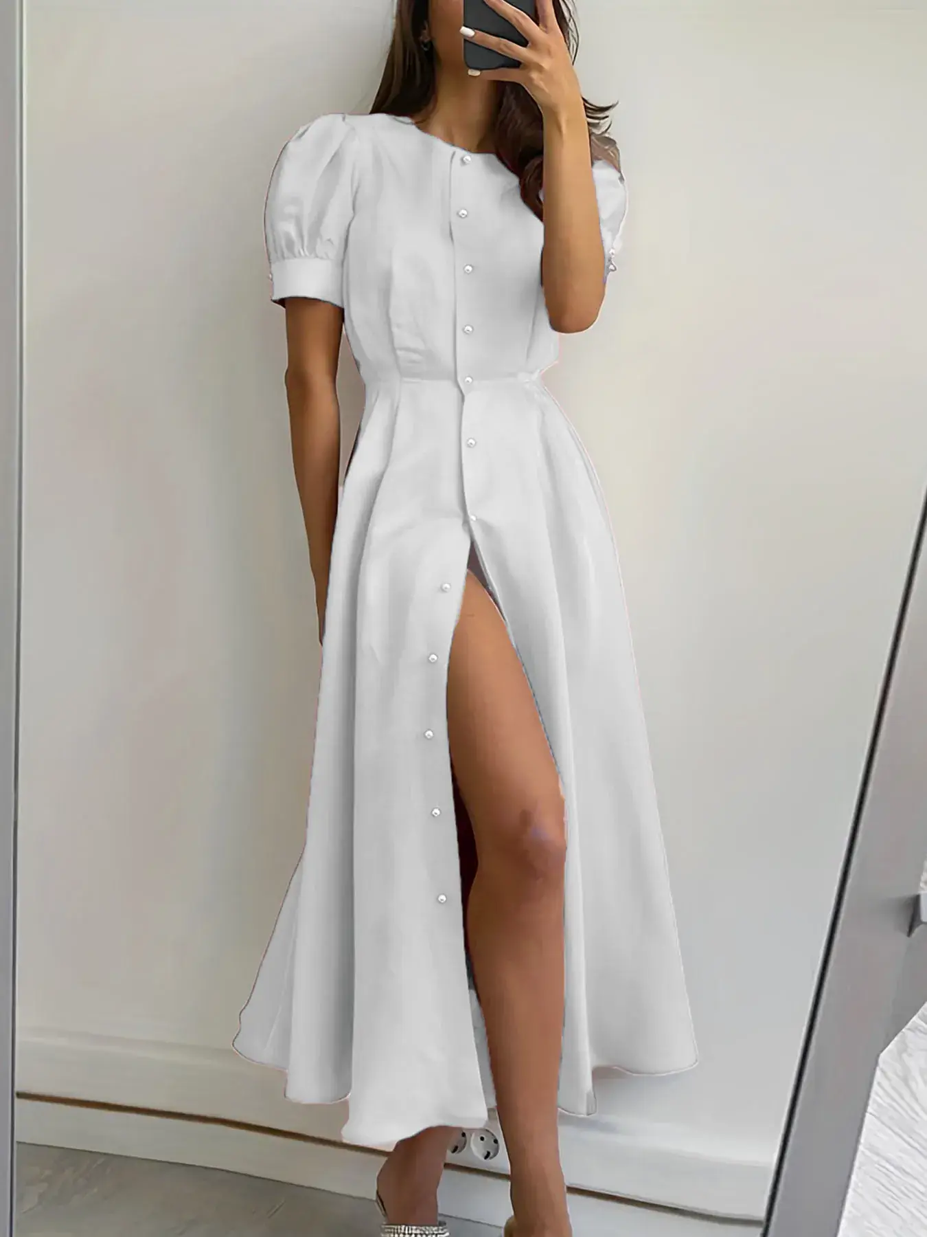 2024 Summer Turquoise Button Midi Dress with High Waist