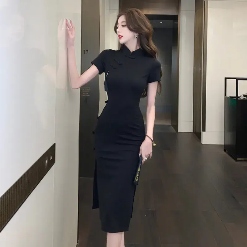 Black Vintage Buckle Cheongsam Dress Women Summer Waist Split Hip Skirt - Image 3