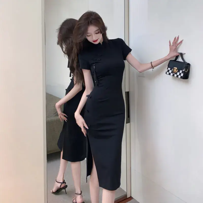Black Vintage Buckle Cheongsam Dress Women Summer Waist Split Hip Skirt - Image 4