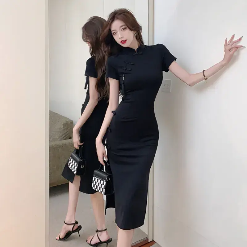 Black Vintage Buckle Cheongsam Dress Women Summer Waist Split Hip Skirt - Image 5