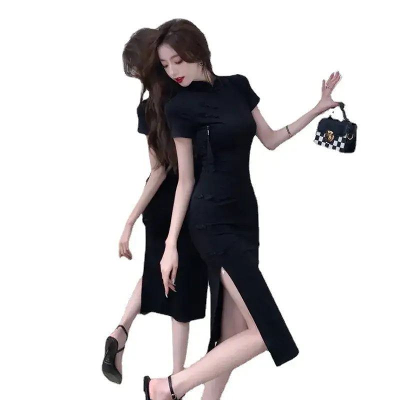 Black Vintage Buckle Cheongsam Dress Women Summer Waist Split Hip Skirt - Image 6