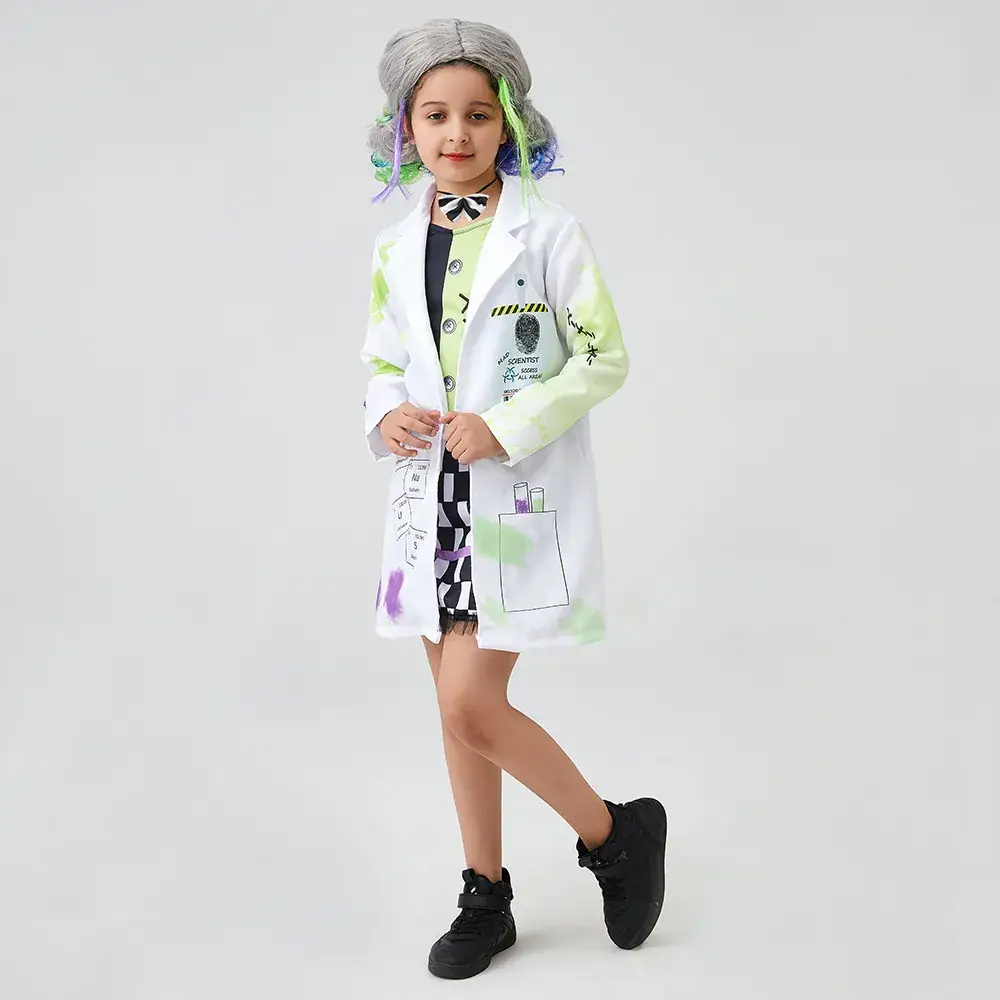 Crazy Scientist Kids Outfit White Green Checkered Dress