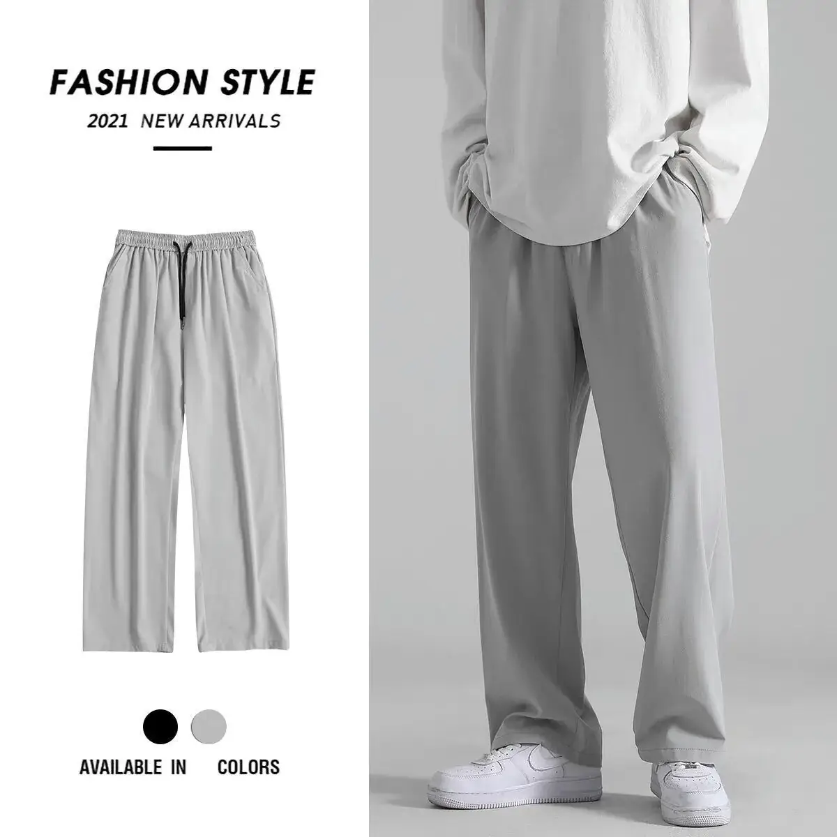 Men's Straight-leg Ice Silk Pants Light Grey Wide Leg Casual