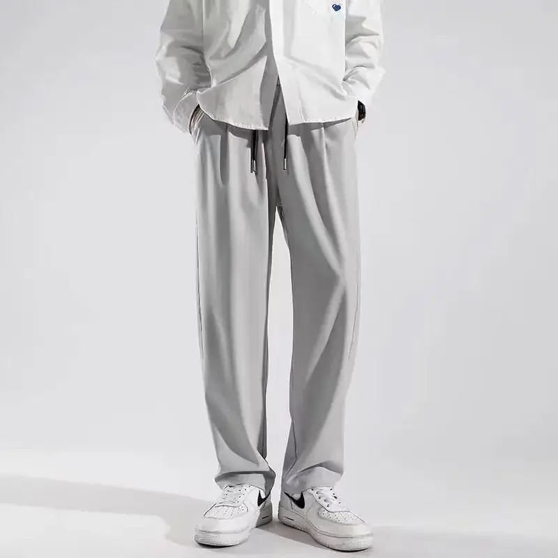 Men's Straight-leg Ice Silk Pants Light Grey Wide Leg Casual