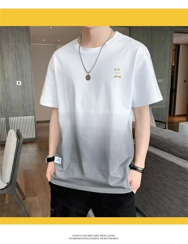 Men Gradient Short Sleeve T-Shirt White Korean Style — feature 13