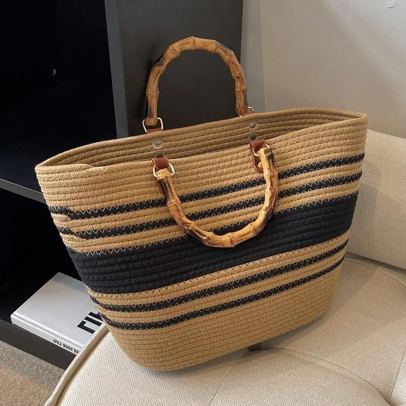 Bamboo Striped Women's Tote Bag Large Capacity - Image 6
