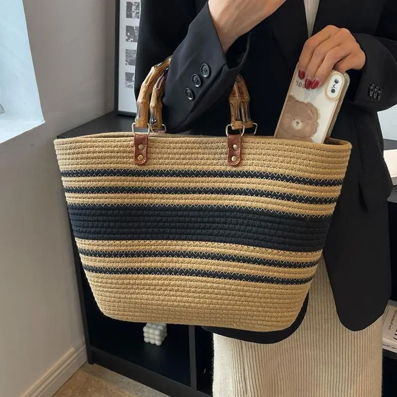 Bamboo Striped Women's Tote Bag Large Capacity - Image 7