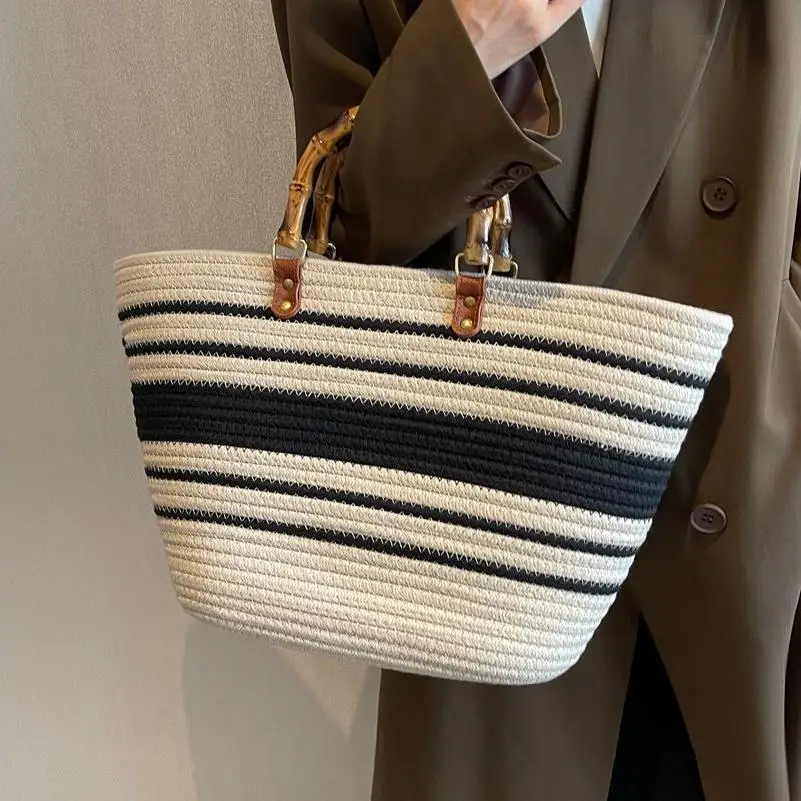 Bamboo Striped Women's Tote Bag Large Capacity - Image 8