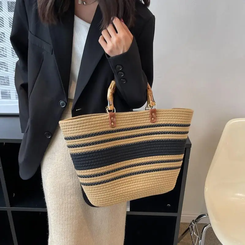 Bamboo Striped Women's Tote Bag Large Capacity - Image 2