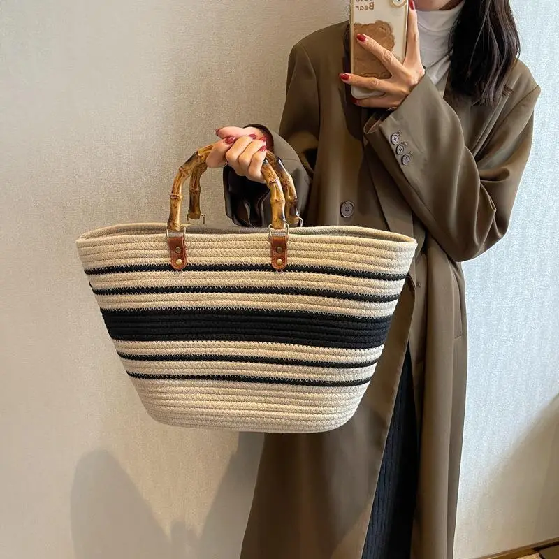 Bamboo Striped Women's Tote Bag Large Capacity - Image 3