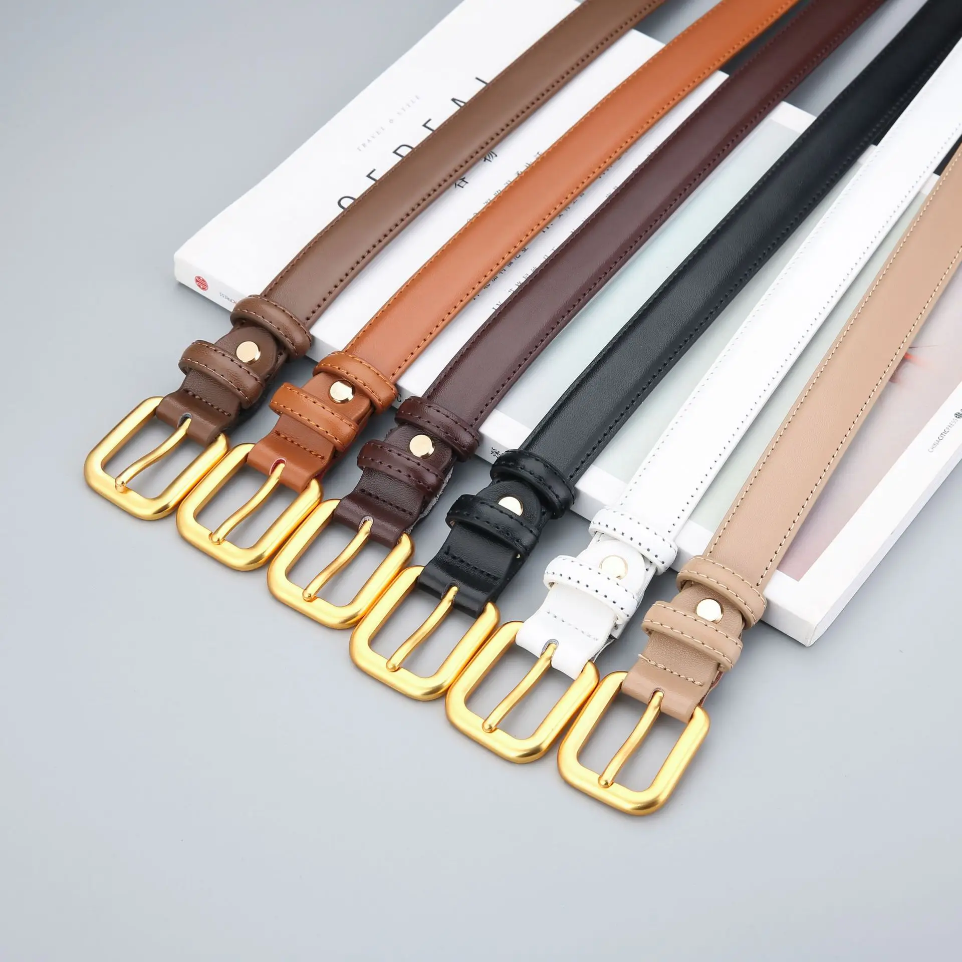 Women's Brown Genuine Leather Belt with Gold Buckle - Image 8