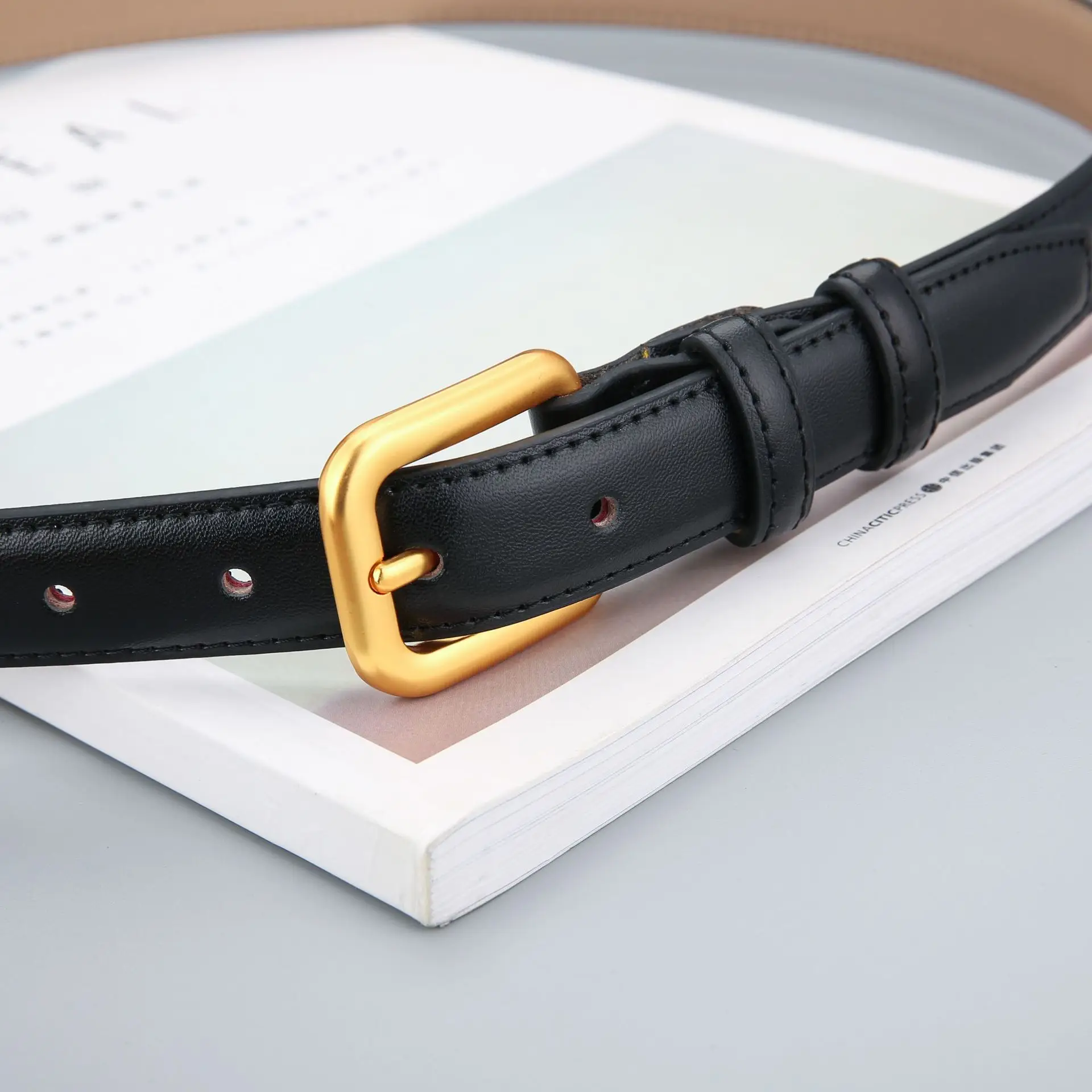 Women's Brown Genuine Leather Belt with Gold Buckle - Image 10
