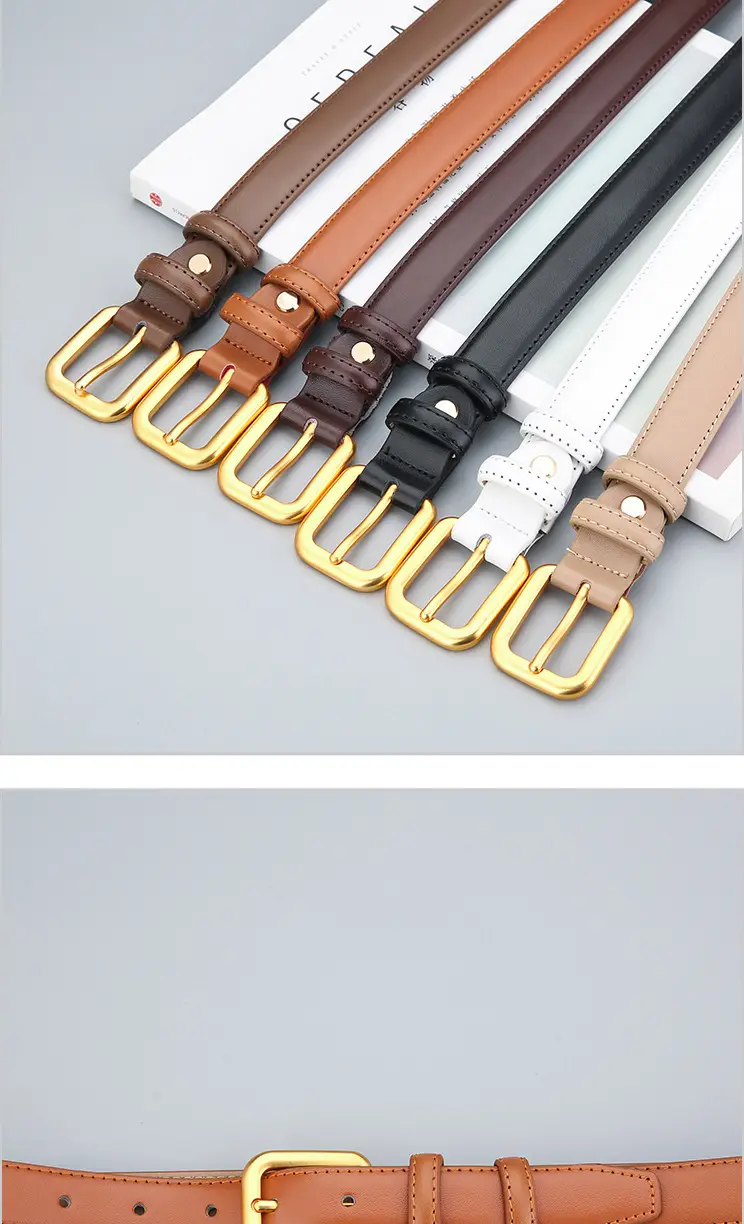 Women's Brown Genuine Leather Belt with Gold Buckle — feature 10