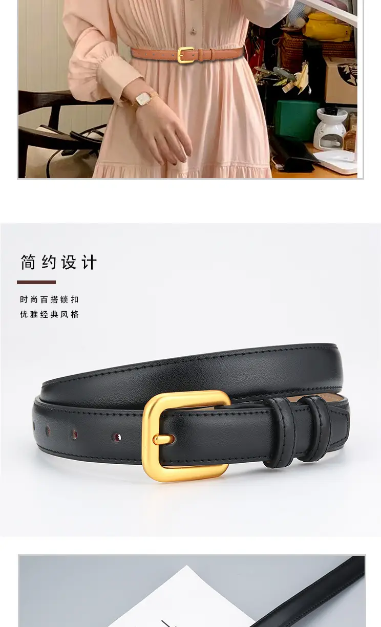 Women's Brown Genuine Leather Belt with Gold Buckle — feature 3