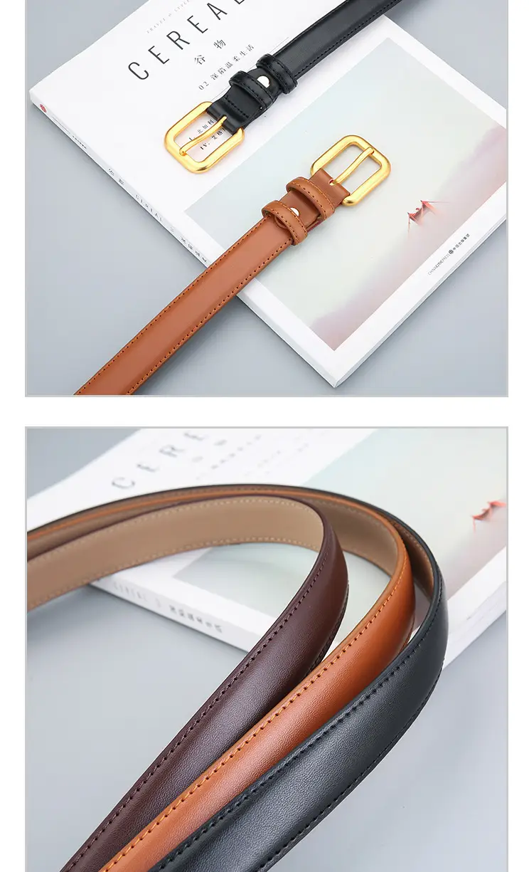 Women's Brown Genuine Leather Belt with Gold Buckle — feature 4