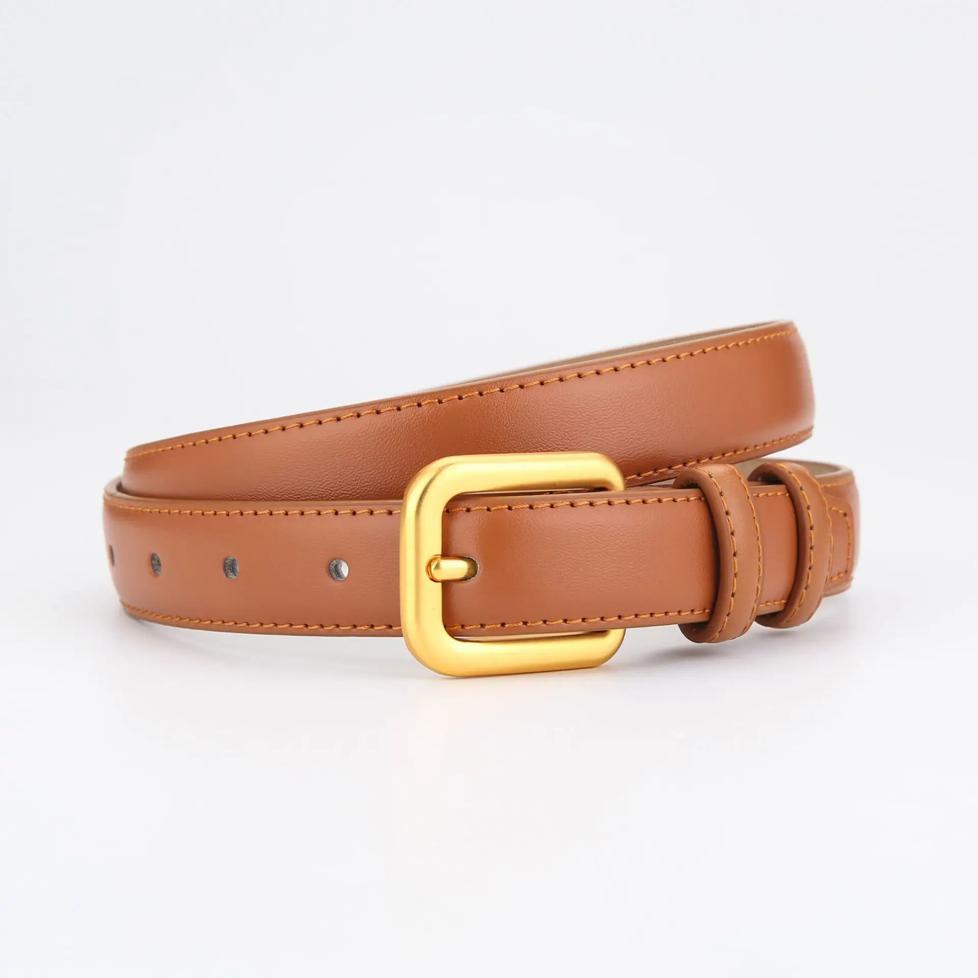 Women's Brown Genuine Leather Belt with Gold Buckle - Image 2