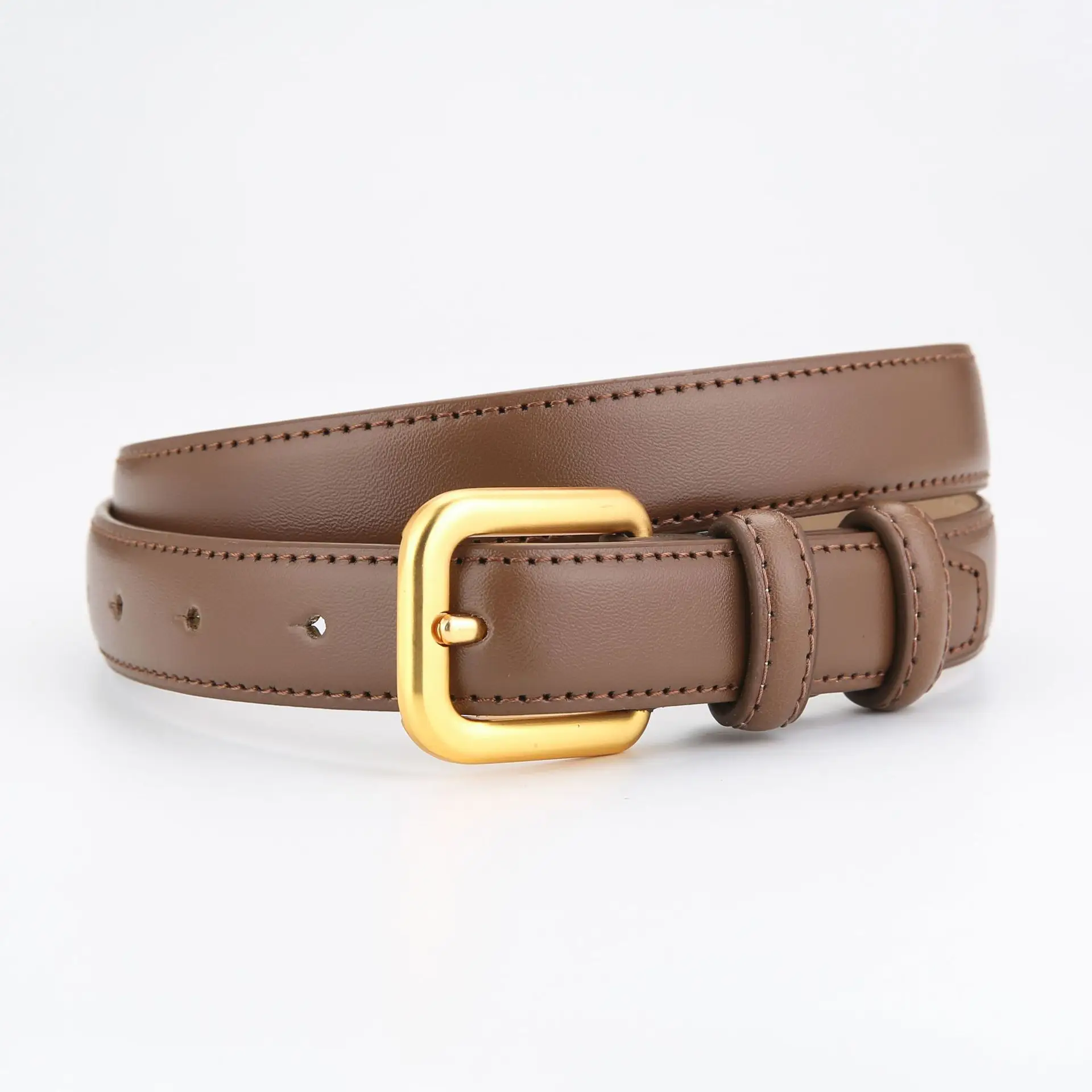 Women's Brown Genuine Leather Belt with Gold Buckle - Image 4
