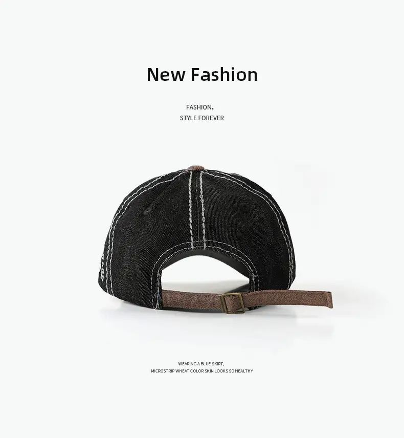 Light Blue Denim Vintage Baseball Cap with Leather Bristle — feature 5