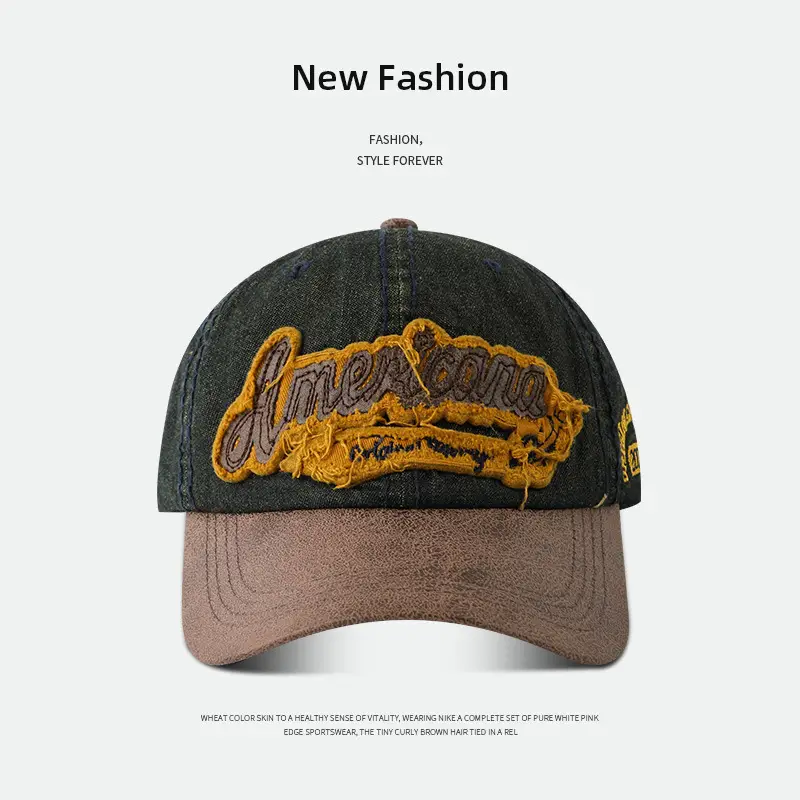 Light Blue Denim Vintage Baseball Cap with Leather Bristle - Image 3