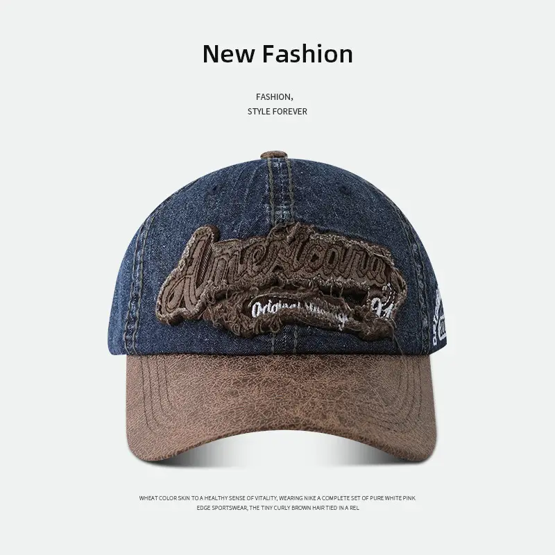 Light Blue Denim Vintage Baseball Cap with Leather Bristle - Image 4