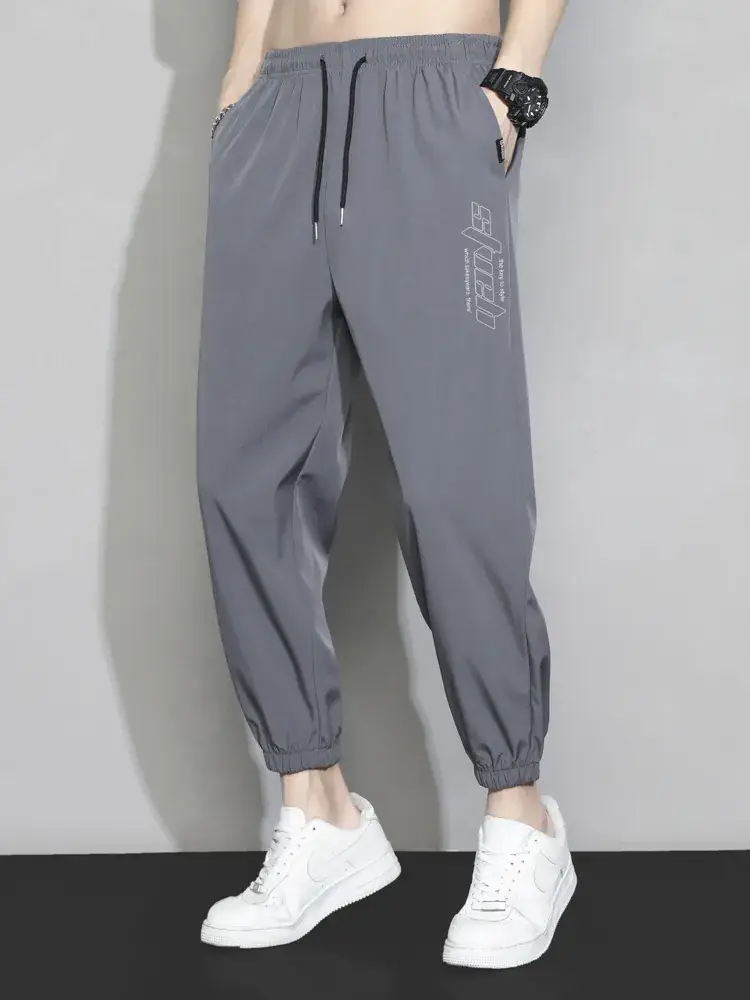 Men Grey Ice Silk Loose Leg Sports Pants XL