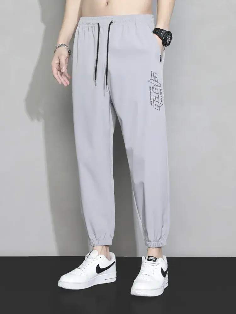 Men Grey Ice Silk Loose Leg Sports Pants XL