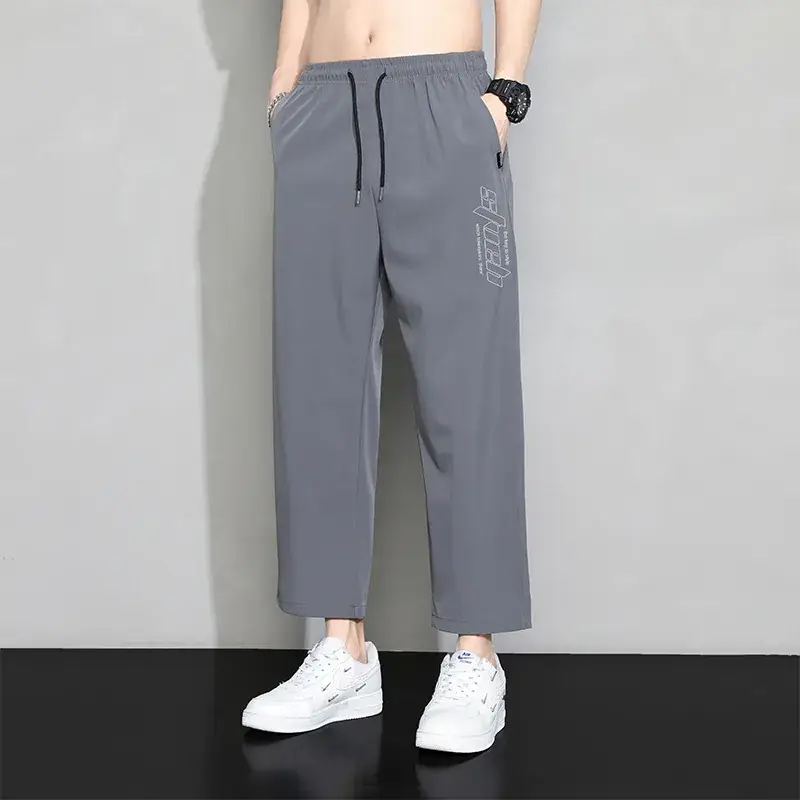 Men Grey Ice Silk Loose Leg Sports Pants XL