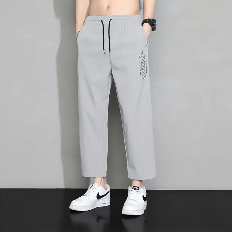 Men Grey Ice Silk Loose Leg Sports Pants XL