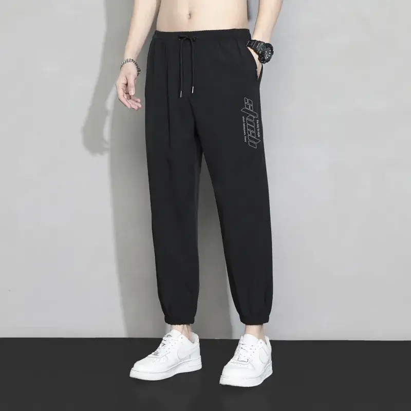 Men Grey Ice Silk Loose Leg Sports Pants XL